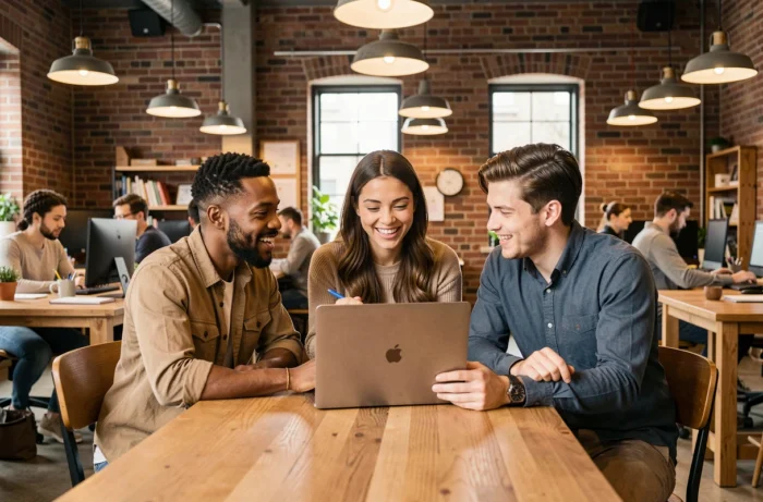 Groupe de jeunes professionnels collaborant autour d'un ordinateur portable dans un espace de coworking pour optimiser leur recherche d'emploi