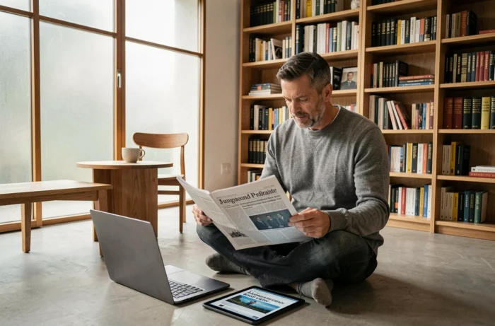 Journaliste indépendant comparant presse papier traditionnelle et contenu numérique sur tablette dans un bureau à domicile