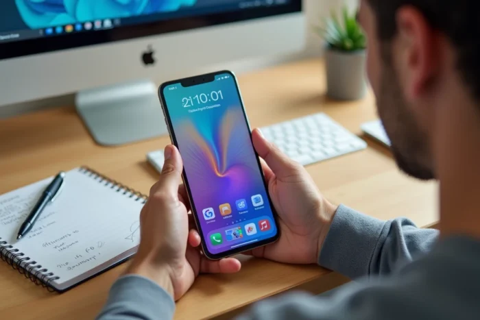 Mains tenant un smartphone affichant une interface d'application mobile posé sur un bureau avec notes manuscrites