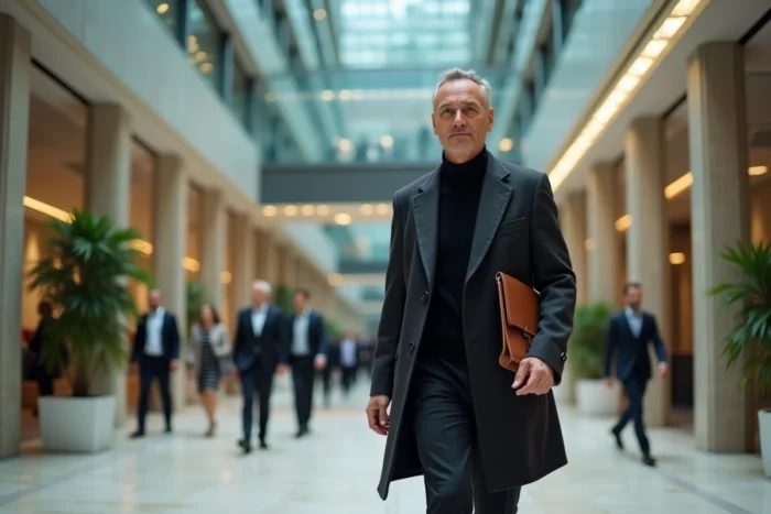 Personnalité influente de l'industrie contemporaine traversant l'atrium d'un immeuble financier moderne avec assurance