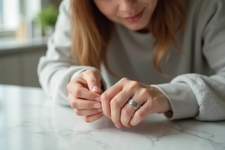 Femme retirant une bague gravée de son doigt avec une marque visible laissée sur la peau