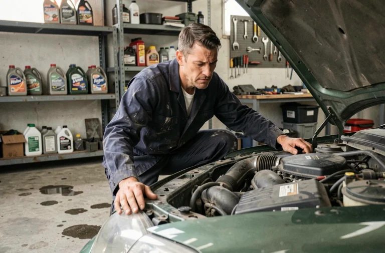 Mécanicien inspectant le moteur d'une voiture après l'apparition du voyant moteur orange