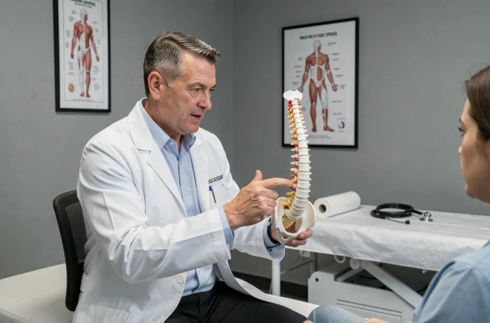 Médecin expliquant les douleurs au coccyx à l'aide d'un modèle anatomique de la colonne vertébrale dans un cabinet médical