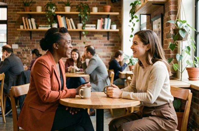 Deux femmes entrepreneuses en session de mentorat dans un café urbain chaleureux