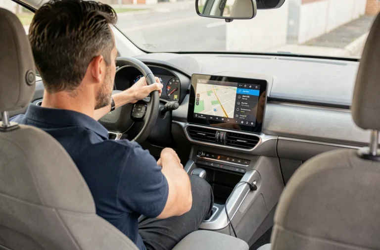 Homme mettant à jour le GPS de sa Citroën via l'écran tactile central du tableau de bord