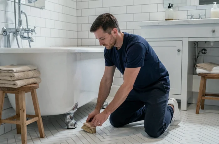 Homme nettoyant la salle de bain avec une brosse, entretien régulier du foyer