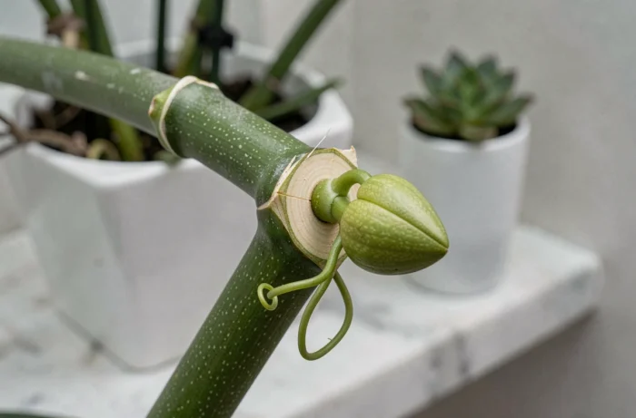 Gros plan sur un nœud de hampe d'orchidée après coupe nette pour stimuler une nouvelle tige florale