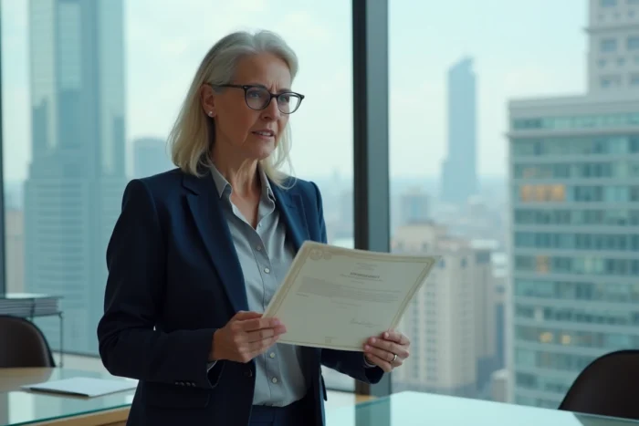 Notaire présentant un certificat d'héritage officiel dans un bureau moderne