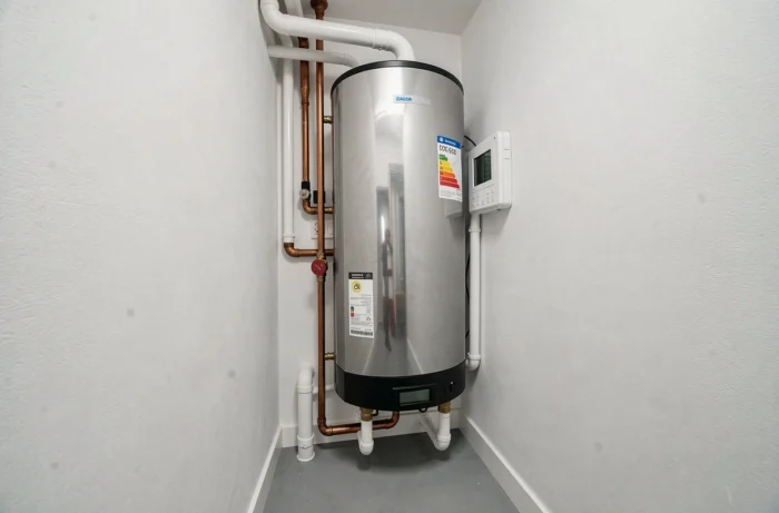 Nouvelle chaudière à haute efficacité énergétique installée dans un appartement bruxellois avec certification et thermostat numérique