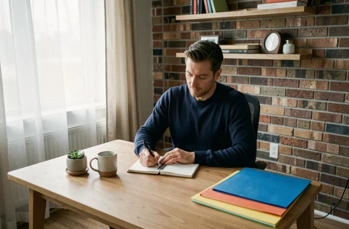 Homme travaillant dans un bureau minimaliste avec des astuces d'organisation et des essentiels bien rangés