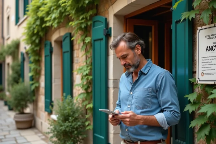 Un homme examine un panneau indiquant l'acceptation des chèques vacances ANCV à l'entrée d'un hôtel de province