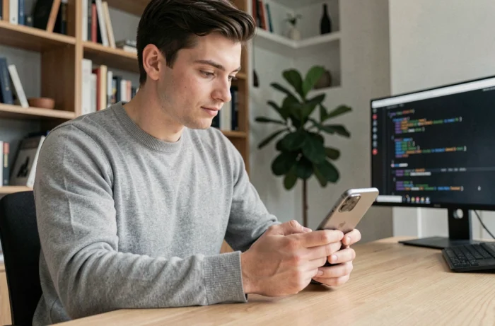 Jeune homme passionné de technologie explorant un smartphone pliable dernier cri dans un bureau moderne épuré