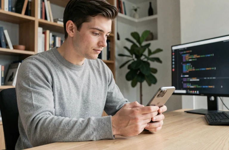 Jeune homme passionné de technologie explorant un smartphone pliable dernier cri dans un bureau moderne épuré