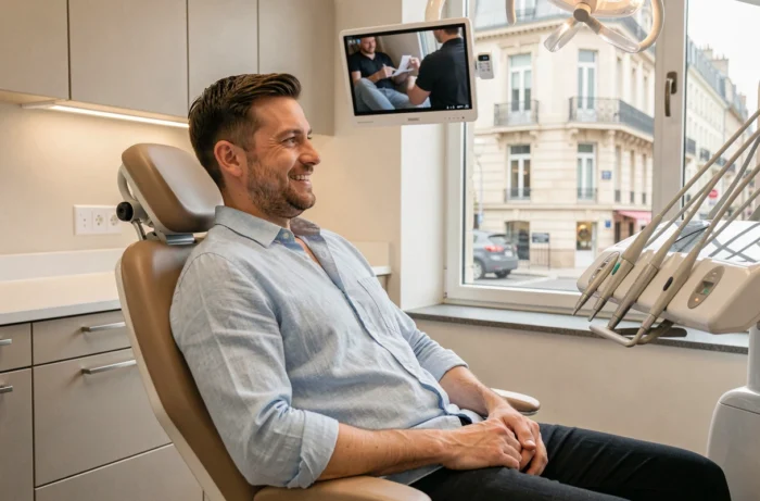 Patient en consultation dans une clinique dentaire moderne à l'étranger, assis dans un fauteuil dentaire contemporain