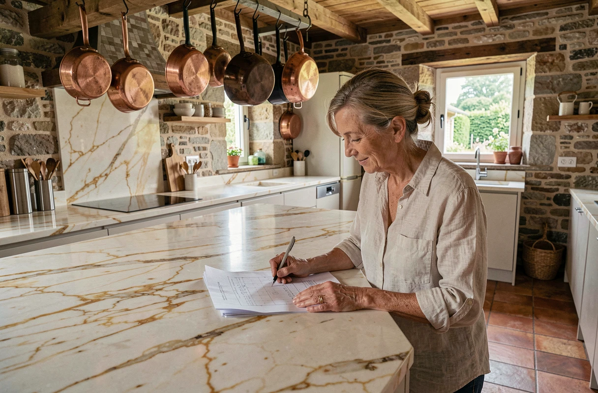 Plan de travail en marbre galala dans une cuisine rénovée d'une maison bretonne près de Vannes