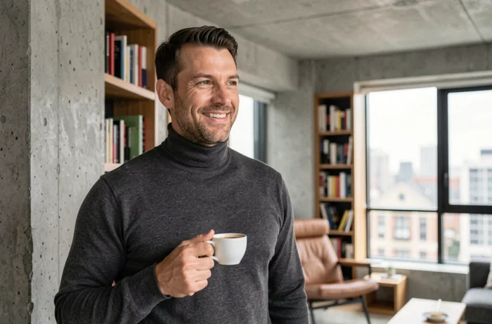 Portrait d'un homme élégant dans un appartement moderne, évoquant la vie privée et l'intimité d'un couple
