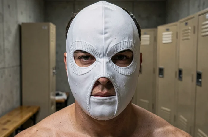 Portrait en gros plan du masque blanc brodé du catcheur L'Ange Blanc dans les vestiaires