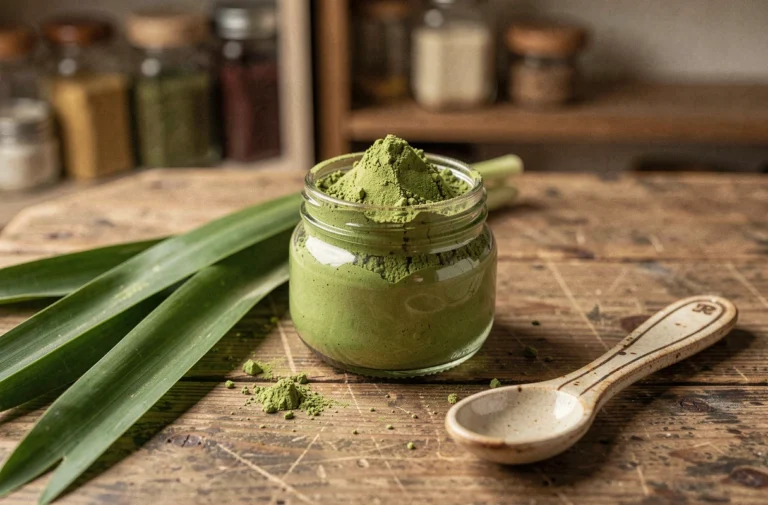 Pot en verre de poudre de pandan verte posé sur un plan de travail en bois avec des feuilles fraîches de pandan et une cuillère vintage