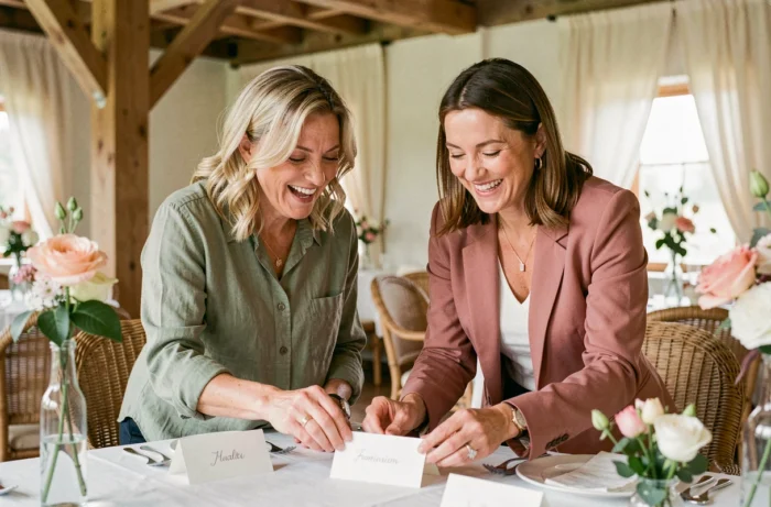 Deux amies préparant les invitations et les centres de table pour un retour de noces dans une salle de réception décorée