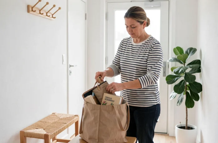 Femme préparant son sac avec ses essentiels du quotidien dans un couloir d'entrée moderne et épuré