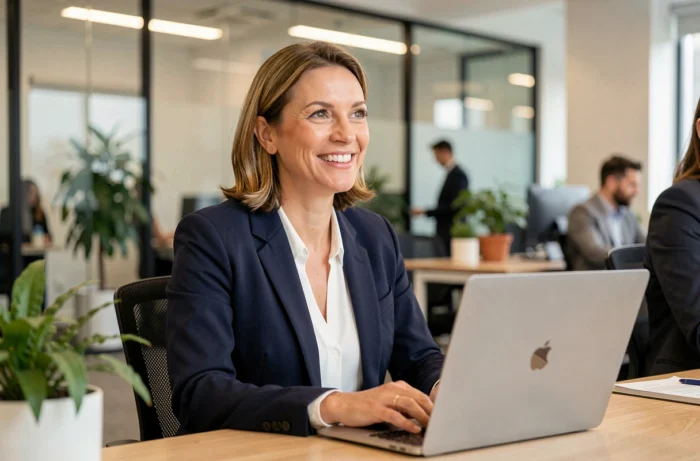 Femme professionnelle souriante à son bureau, signalant sa disponibilité pour répondre aux questions de ses collègues en milieu de travail