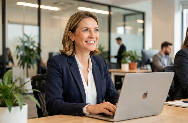 Femme professionnelle souriante à son bureau, signalant sa disponibilité pour répondre aux questions de ses collègues en milieu de travail