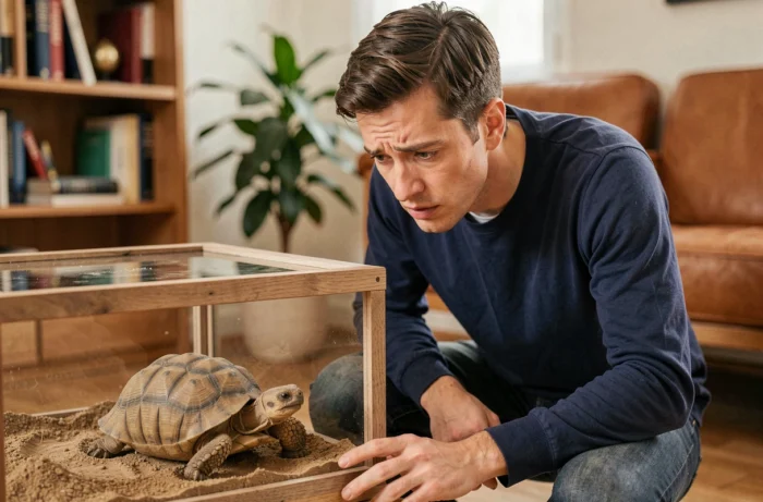 Propriétaire inquiet observant sa tortue de Hermann immobile dans son terrarium domestique, vérifiant les signes vitaux