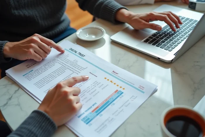Deux professionnels examinant un rapport détaillé sur la fiabilité et les avis utilisateurs de Gagrop en 2026