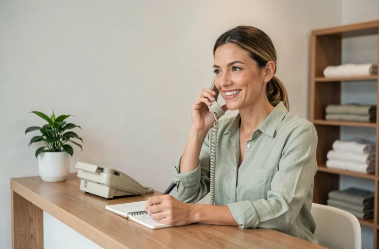 Réceptionniste professionnelle d'un centre de bien-être au téléphone pour répondre aux demandes de relaxation