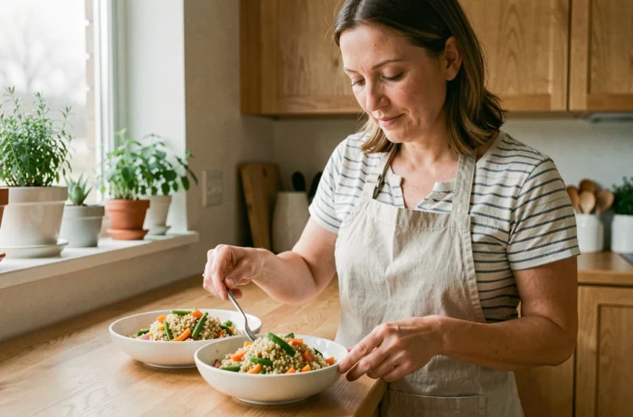 Femme préparant des bols équilibrés de légumes sautés et quinoa dans une cuisine familiale moderne