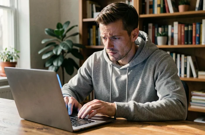 Homme cherchant la nouvelle adresse fiable de 1jour1film sur son ordinateur portable à domicile