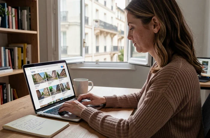 Femme recherchant un appartement familial à Lyon sur un site immobilier depuis son bureau à domicile