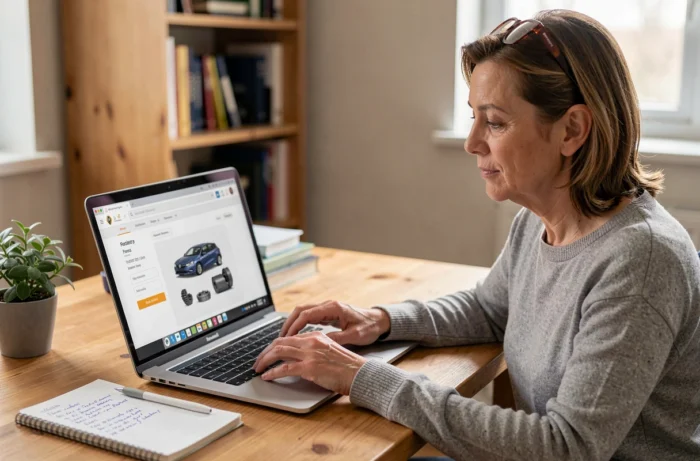 Femme recherchant une pièce auto Renault via le portail Dialogys en ligne depuis un bureau à domicile