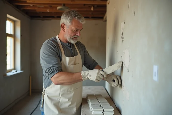 Entrepreneur en rénovation appliquant du plâtre texturé sur un mur lors d'un chantier de rénovation de cuisine dans le style déco américaine authentique
