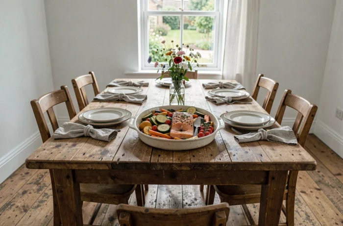 Table familiale dressée avec un plat de saumon rôti et légumes colorés pour un repas équilibré