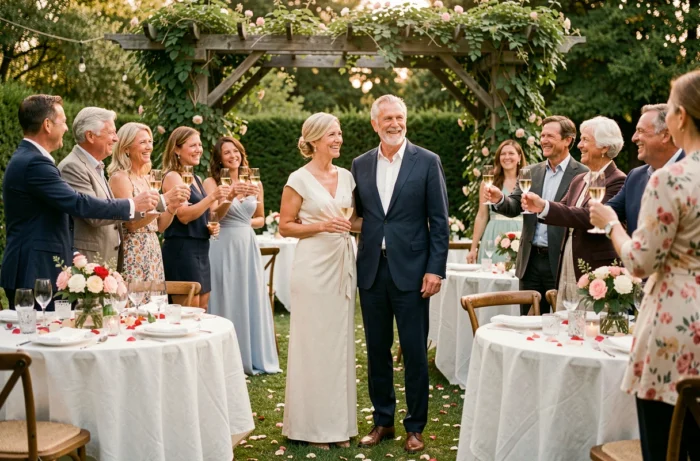 Couple célébrant un retour de noces entouré de famille et amis dans un jardin décoré avec des flûtes de champagne