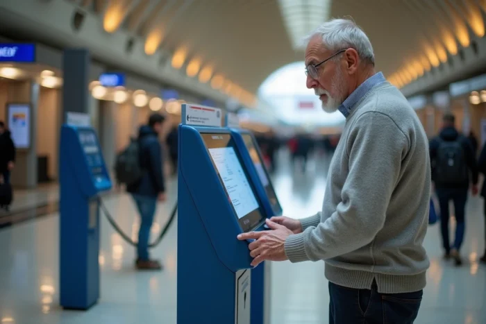 Retraité SNCF utilisant une borne automatique pour imprimer un billet gratuit avec le pass Carmillon en gare