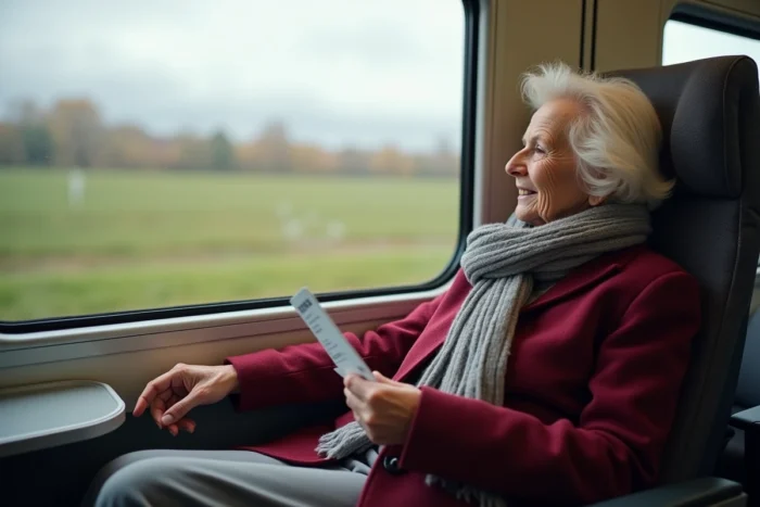Retraitée SNCF tenant sa carte Carmillon dans un TGV, regardant le paysage français par la fenêtre