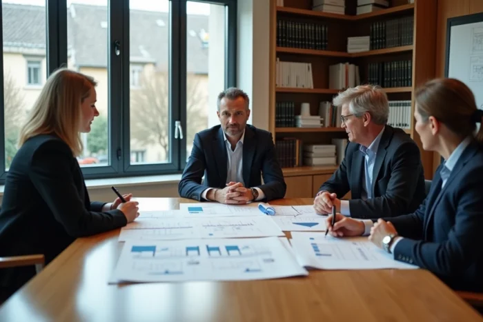Réunion de dirigeants autour de documents financiers et de plans de développement dans une salle de conseil moderne