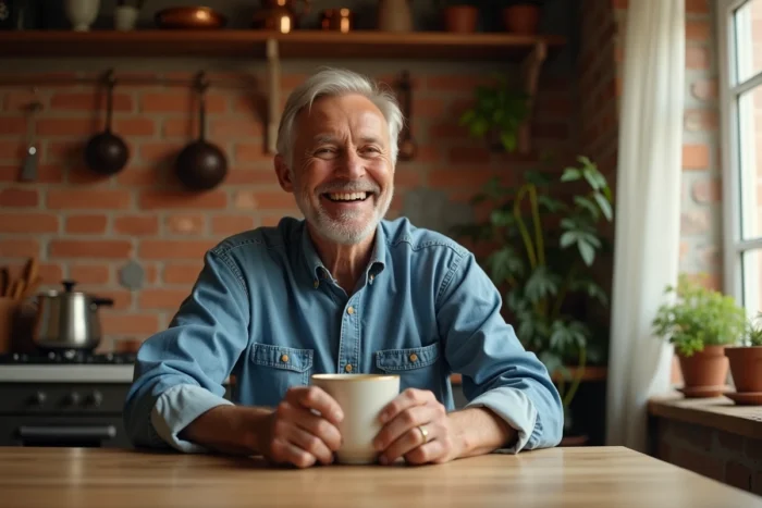 Richard Caillat dans un moment de détente authentique chez lui autour d'un café en famille