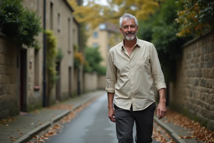 Richard Caillat se promenant dans une rue de sa ville lors d'un moment de vie quotidienne