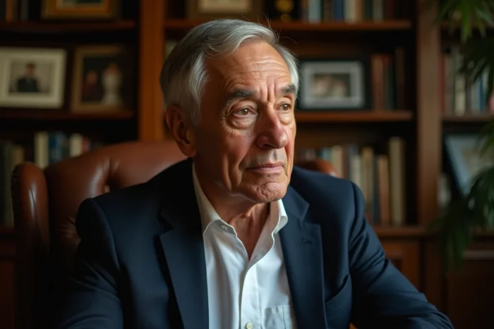 Portrait intime de Richard Caillat dans son bureau personnel entouré de livres et de souvenirs