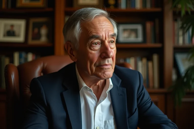 Portrait intime de Richard Caillat dans son bureau personnel entouré de livres et de souvenirs
