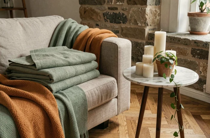 Coin salon parisien décoré avec des plaids texturés, des bougies et une plante tombante sur une table en marbre, sol en parquet chêne chevron