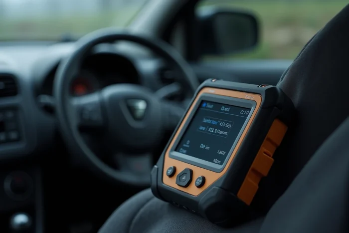 Outil de diagnostic OBD2 affichant un code défaut sur l'écran dans l'habitacle d'une Dacia Sandero