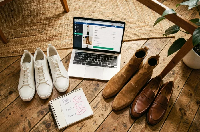Sélection de chaussures tendance posées près d'un ordinateur ouvert sur un site de vente en ligne