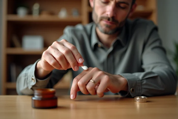 Homme appliquant de la crème hydratante sur une marque de bague gravée sur le doigt
