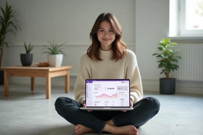 Streameuse Twitch confiante assise par terre avec laptop affichant un tableau de bord de stream dans un studio minimaliste