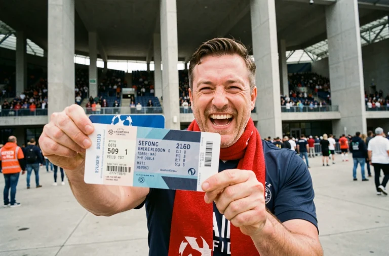 Un supporter de football tenant fièrement son billet pour la finale de la Ligue des champions devant un grand stade