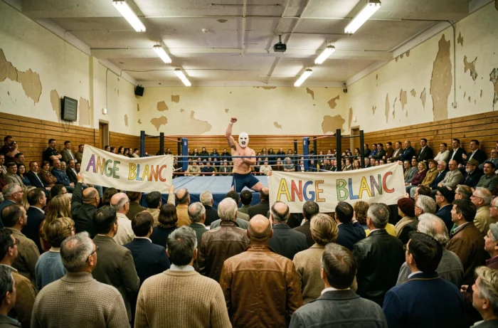 Salle de catch française des années 80 avec les supporters de L'Ange Blanc acclamant leur idole masquée